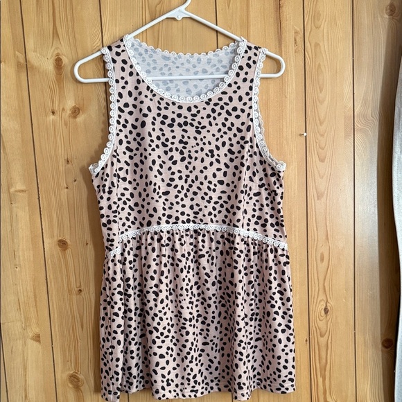 local boutique Tops - Sleeveless Tan and Black Polka Dot Tank Top with Lace Trim